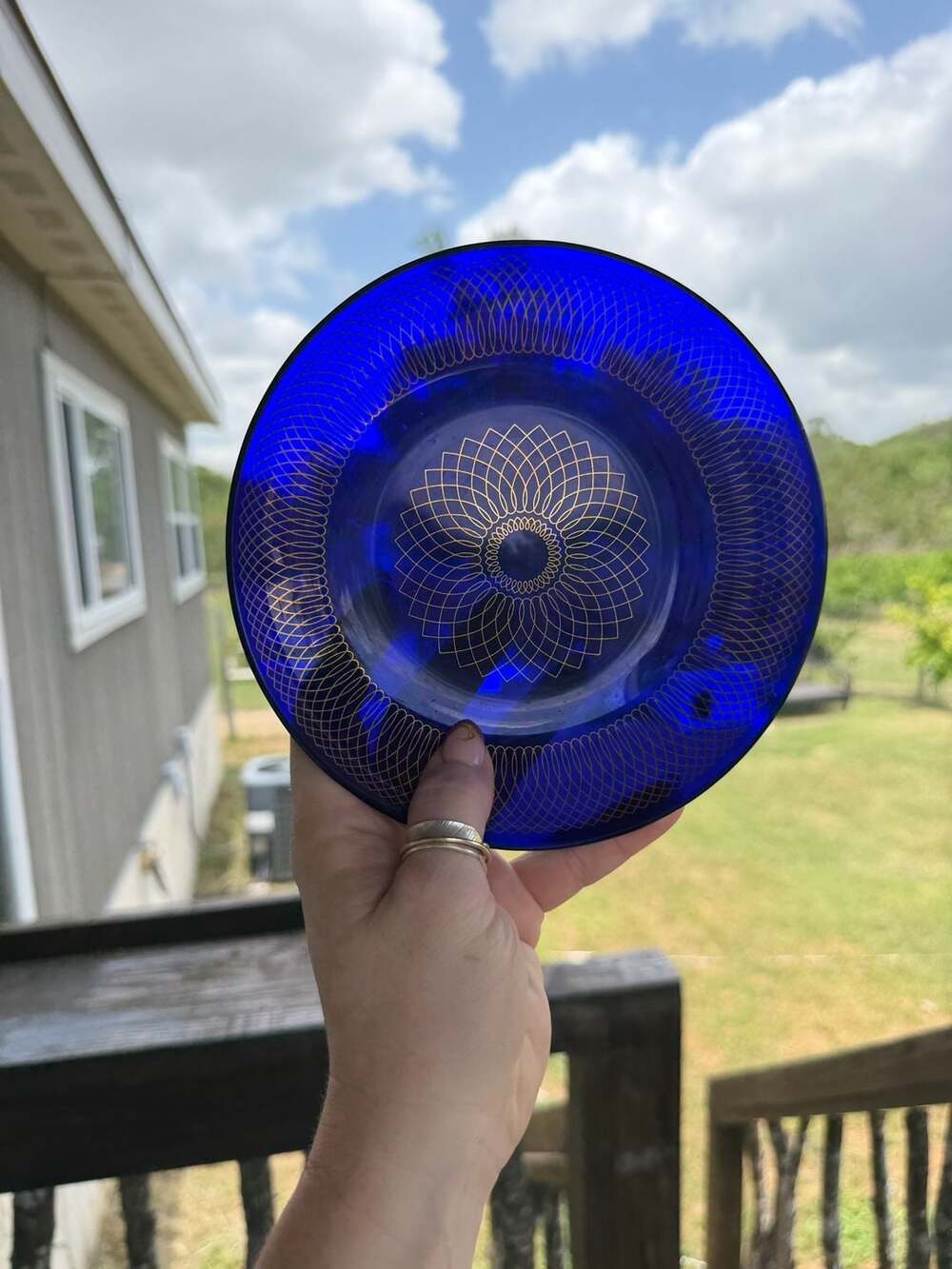 Vintage Cobalt Blue Glass Plate with Gold Geometric Spirograph Pattern